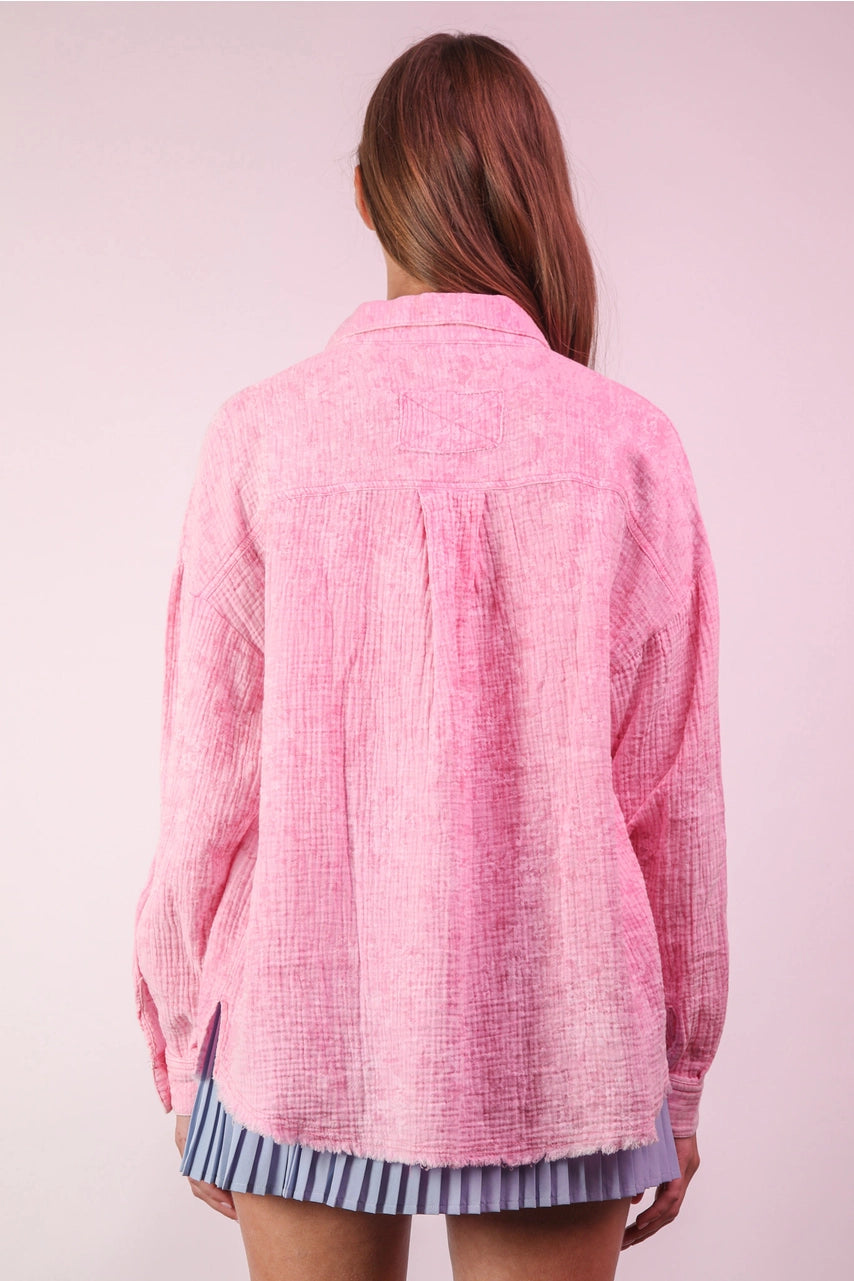 Back view oversized pink gauze shirt showing relaxed drape and mineral wash