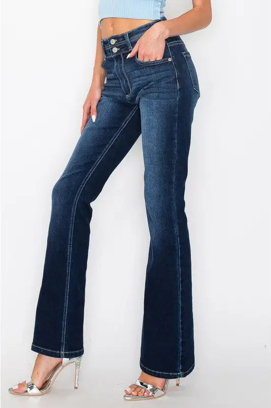 Aria Tummy Control High Rise Bootcut Jeans double button at waist band