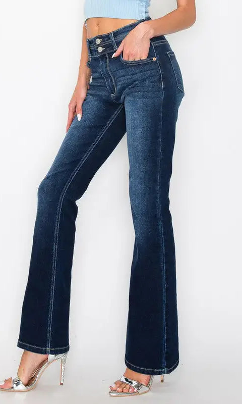 Aria Tummy Control High Rise Bootcut Jeans double button at waist band