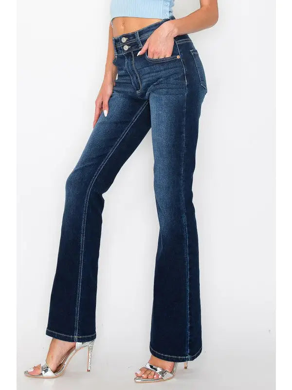 Aria Tummy Control High Rise Bootcut Jeans double button at waist band