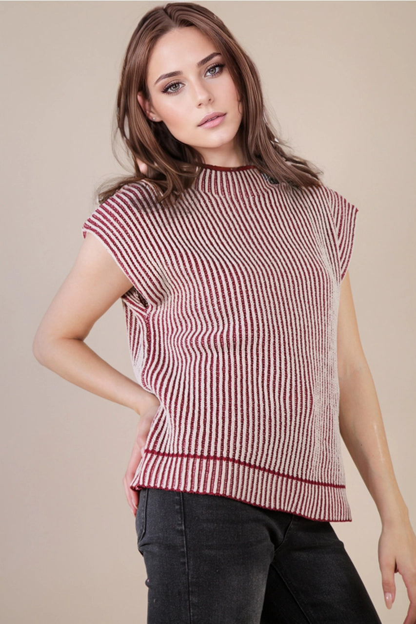 Sonoma two-tone ribbed sweater vest in burgundy & cream—front view