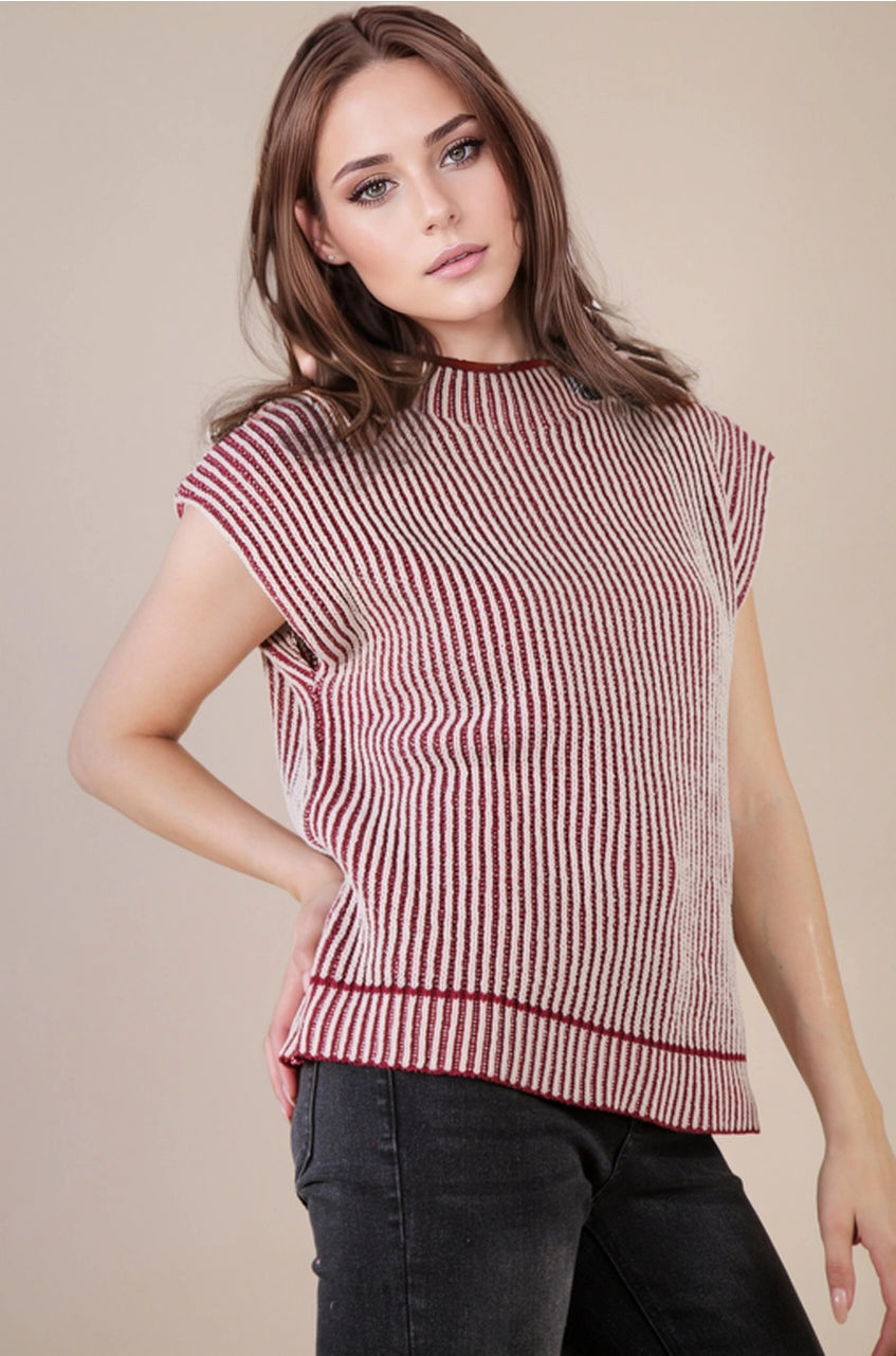 Sonoma two-tone ribbed sweater vest in burgundy & cream—front view