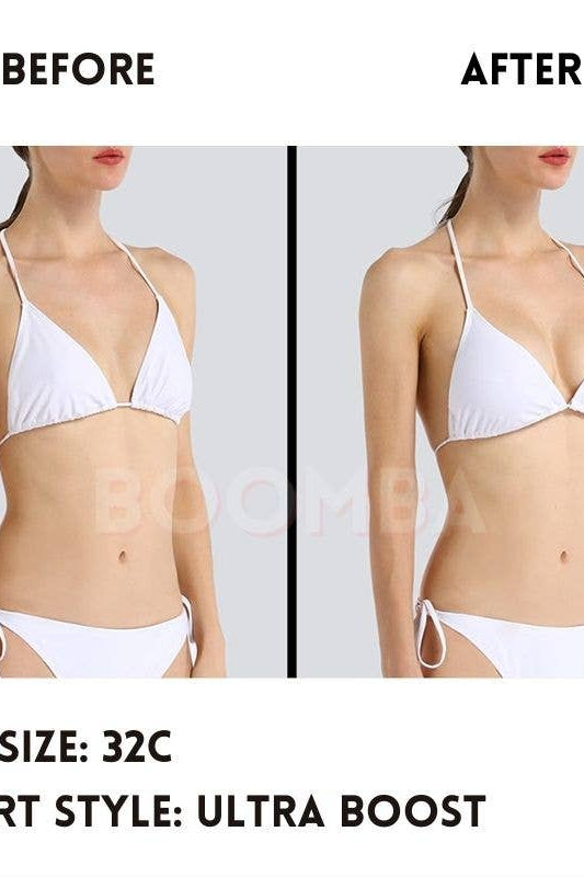 Before and after comparison of a person wearing a white bikini with text indicating bra size and insert style.