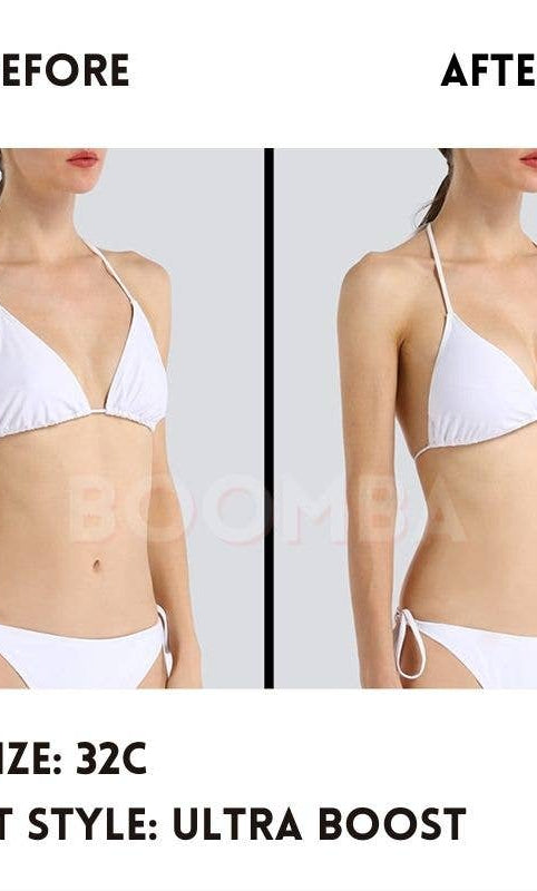 Before and after comparison of a person wearing a white bikini with text indicating bra size and insert style.