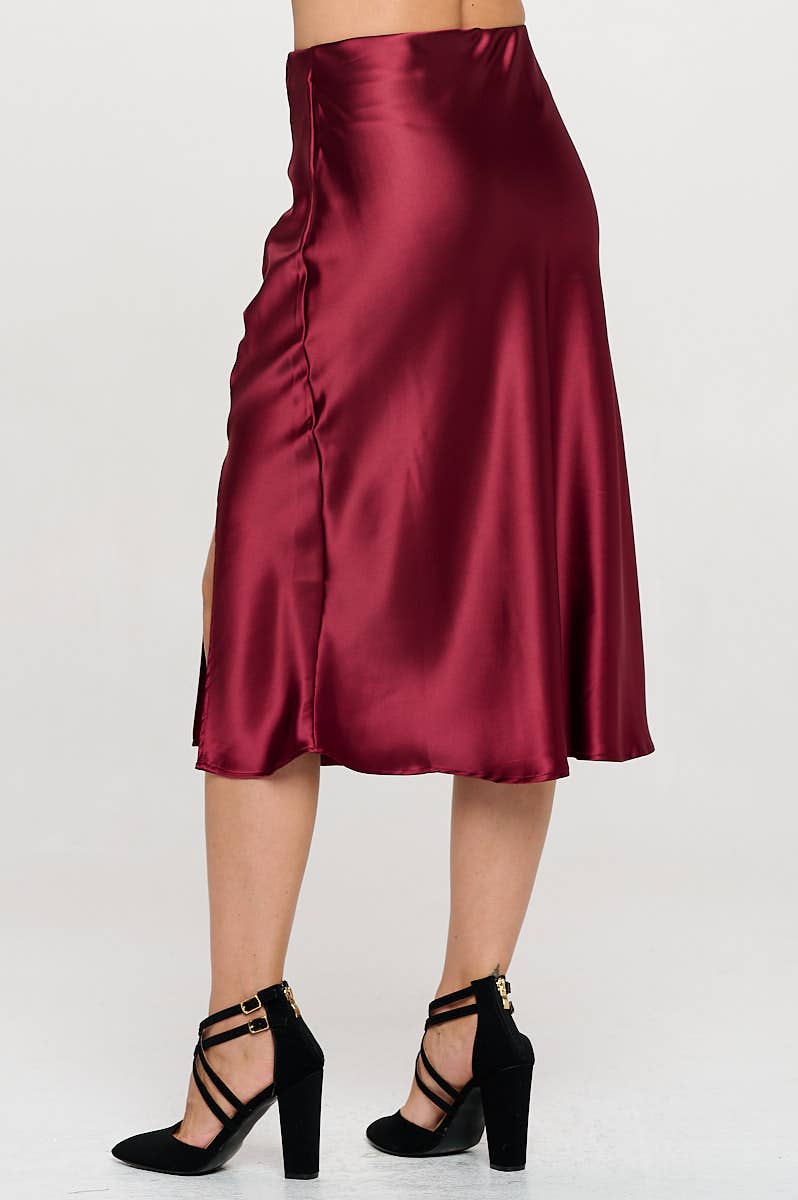 Back Burgundy satin skirt with a front slit, elastic waist.