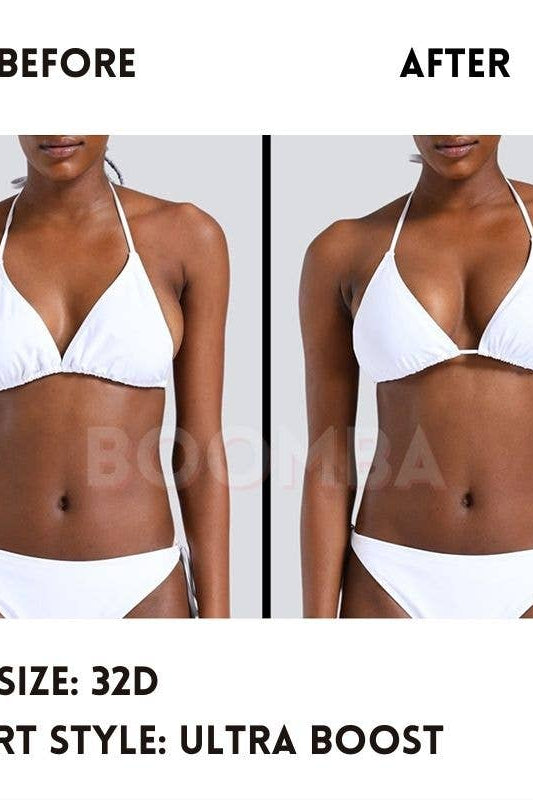 Before and after comparison of a person wearing a white bikini with text indicating bra size and insert style.