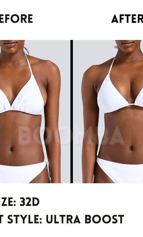 Before and after comparison of a person wearing a white bikini with text indicating bra size and insert style.