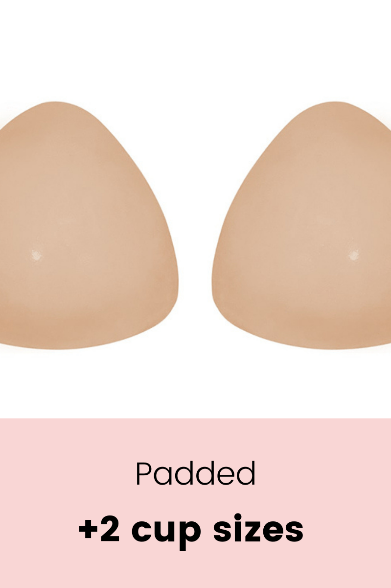 Beige padded bra cups on a white background with text indicating additional cup sizes.