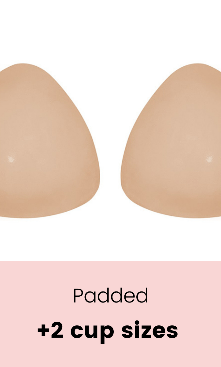 Beige padded bra cups on a white background with text indicating additional cup sizes.