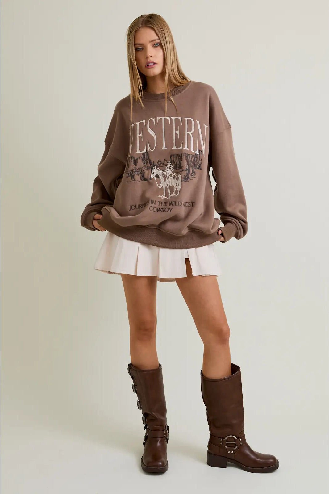 Mesa Trail oversized Western sweatshirt in cocoa brown—cowboy embroidery