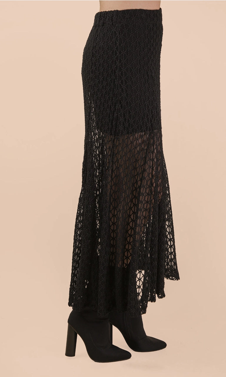 Black lace skirt with sheer panels on a beige background