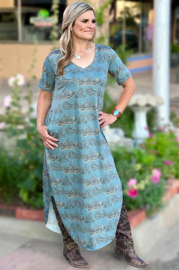 Denim blue t-shirt dress v neck western print all over slits on sides mid shin length