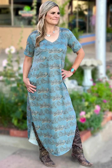 Denim blue t-shirt dress v neck western print all over slits on sides mid shin length