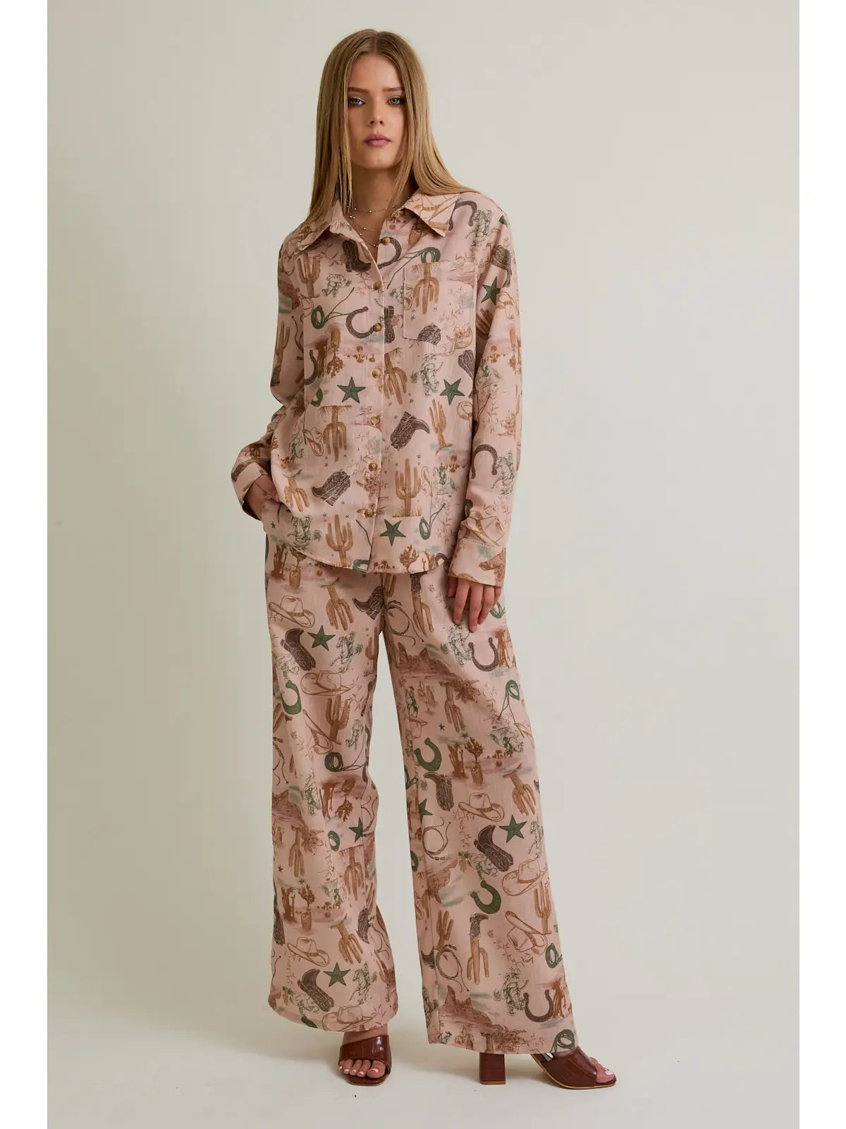 Desert Rose Western-print button-up blouse in blush—front view