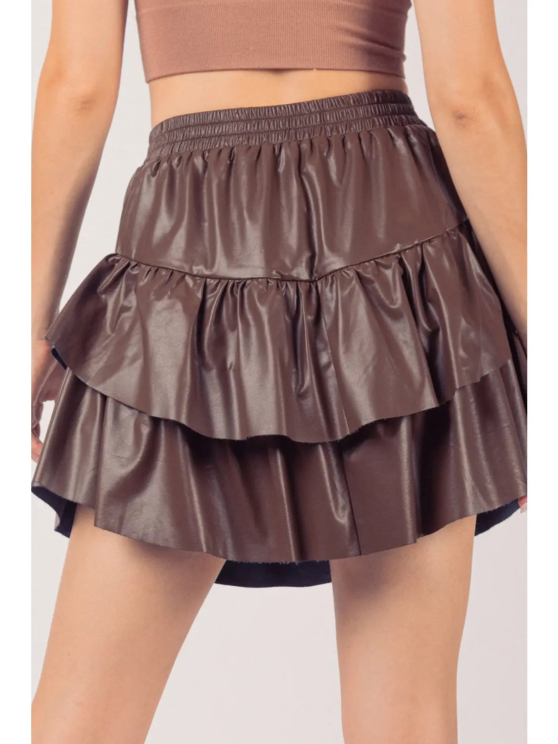 Dakota faux leather ruffle mini skirt—back view, elastic waist