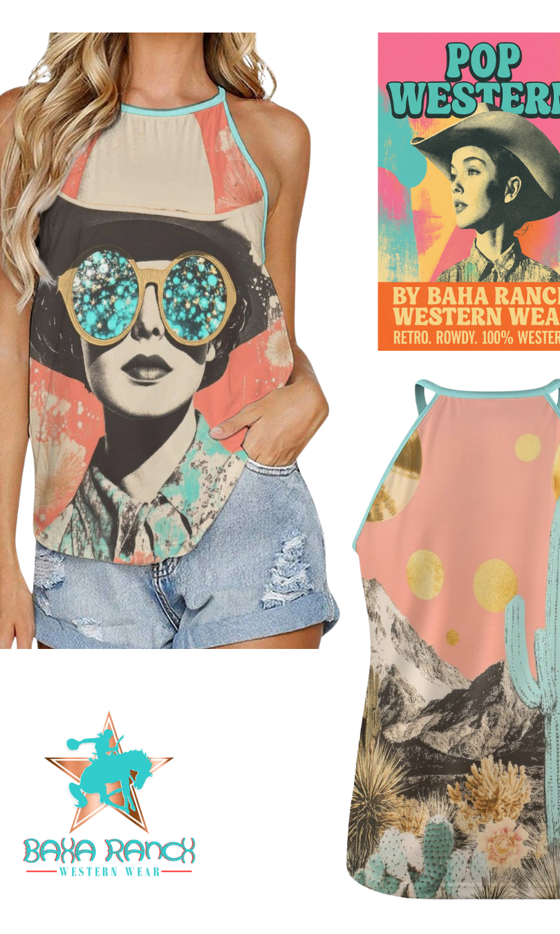 Woman wearing a tank top with a graphic design, next to a Baha Ranch Western Wear product with a desert scene and cacti.