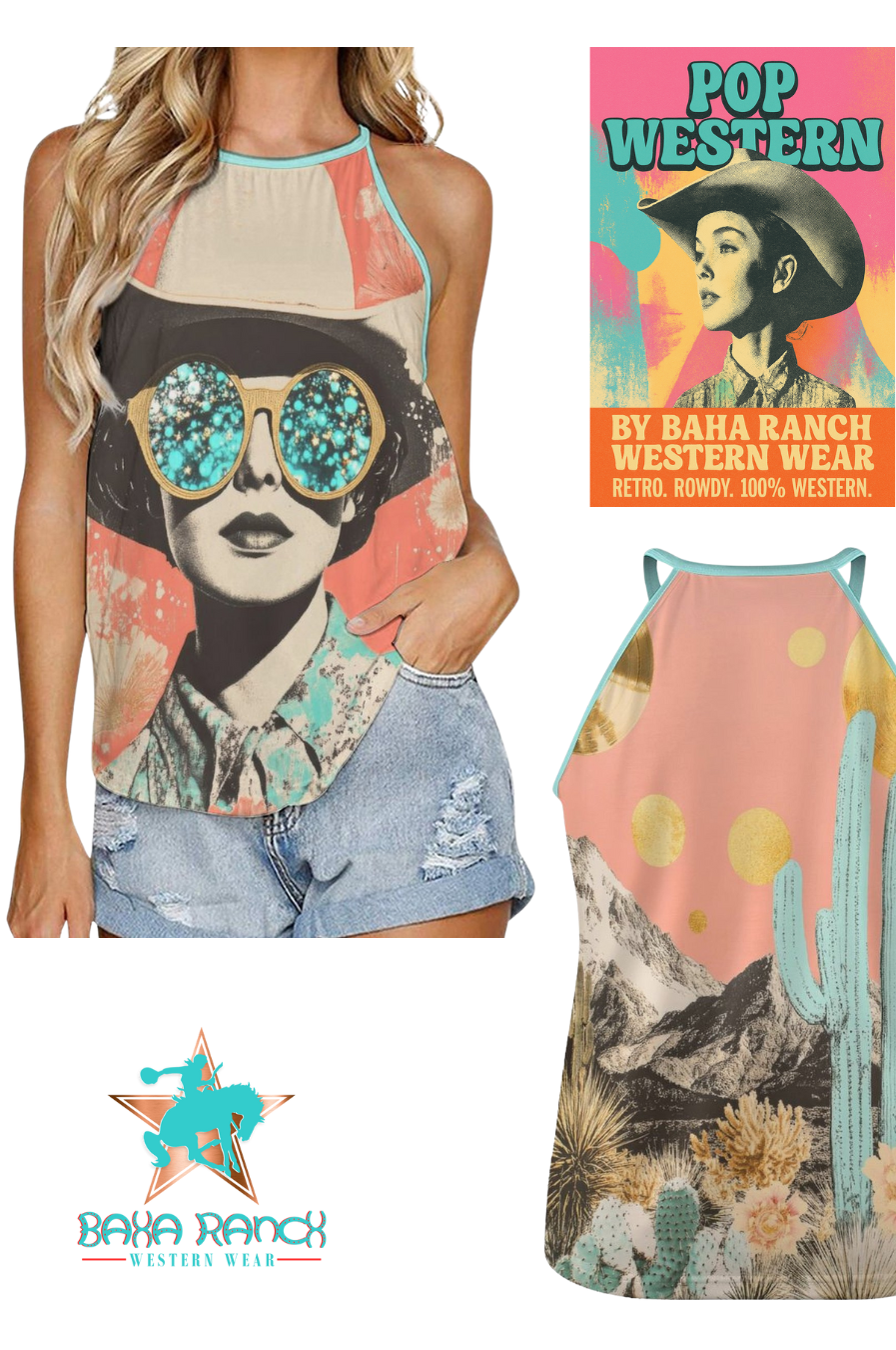Woman wearing a tank top with a graphic design, next to a Baha Ranch Western Wear product with a desert scene and cacti.