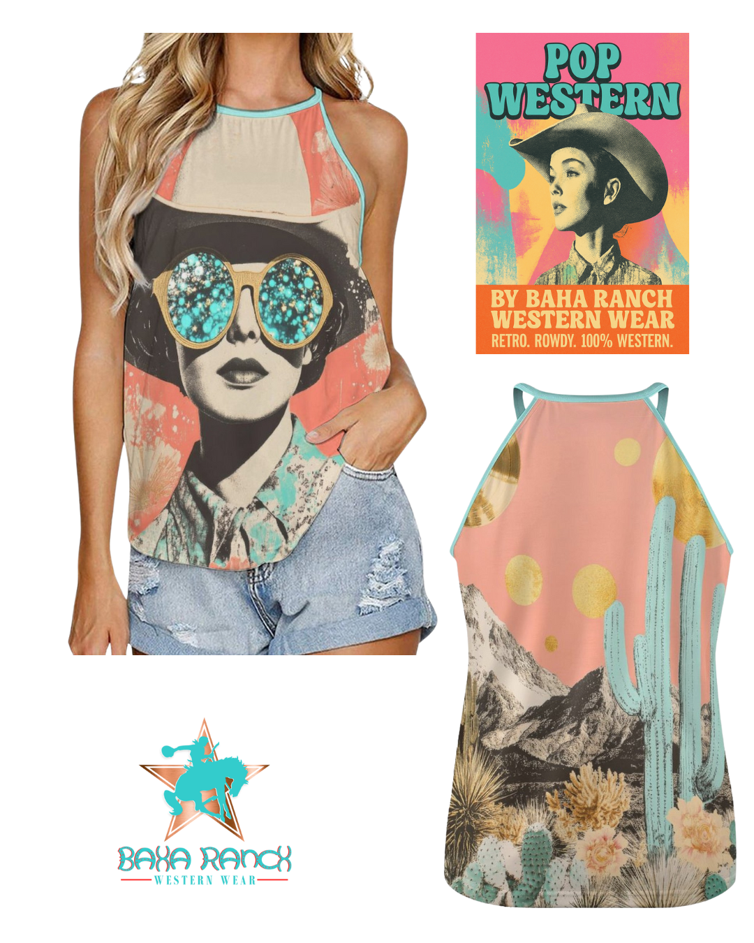 Woman wearing a tank top with a graphic design, next to a Baha Ranch Western Wear product with a desert scene and cacti.
