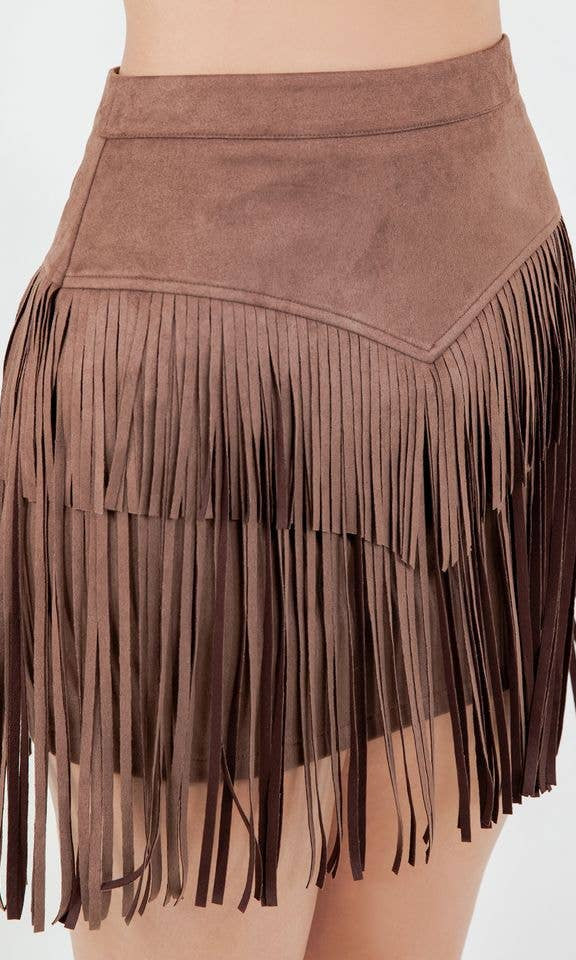 Brown suede fringe skirt on a plain background