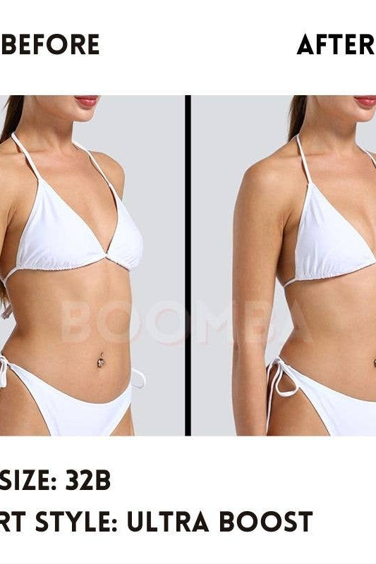 Before and after comparison of a person wearing a white bikini with text indicating bra size and insert style.