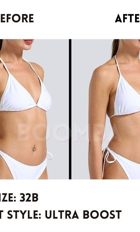 Before and after comparison of a person wearing a white bikini with text indicating bra size and insert style.