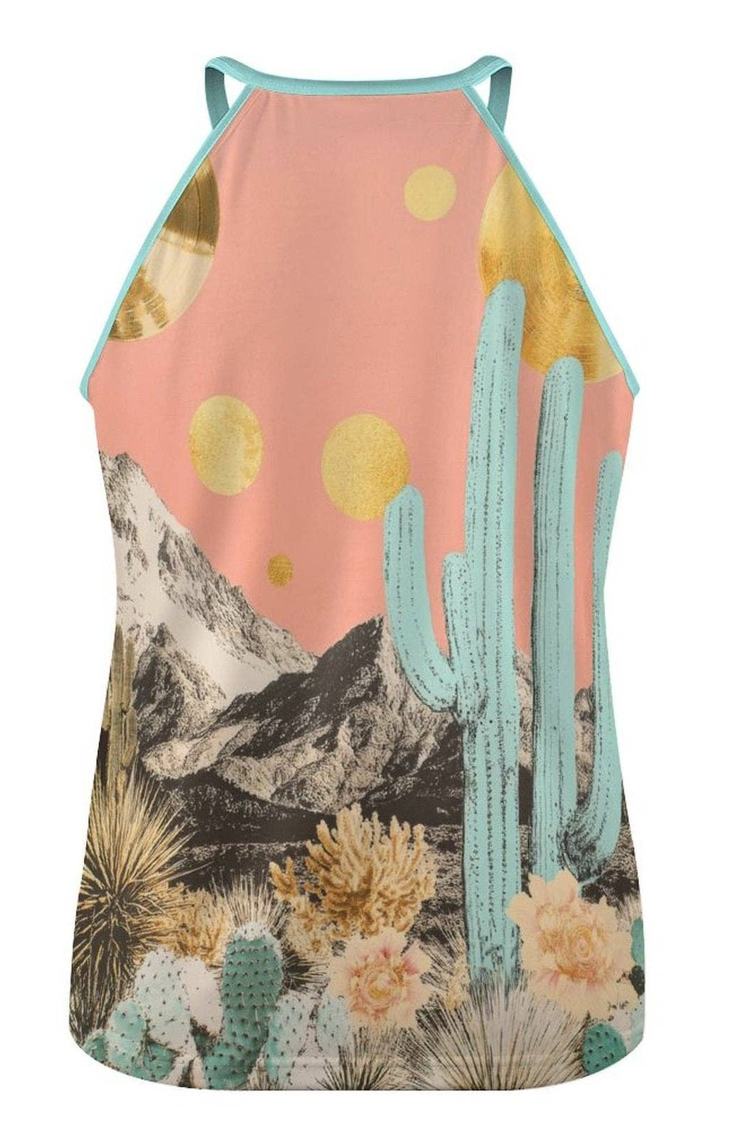 Tank top with desert landscape design featuring cacti and mountains on a white background