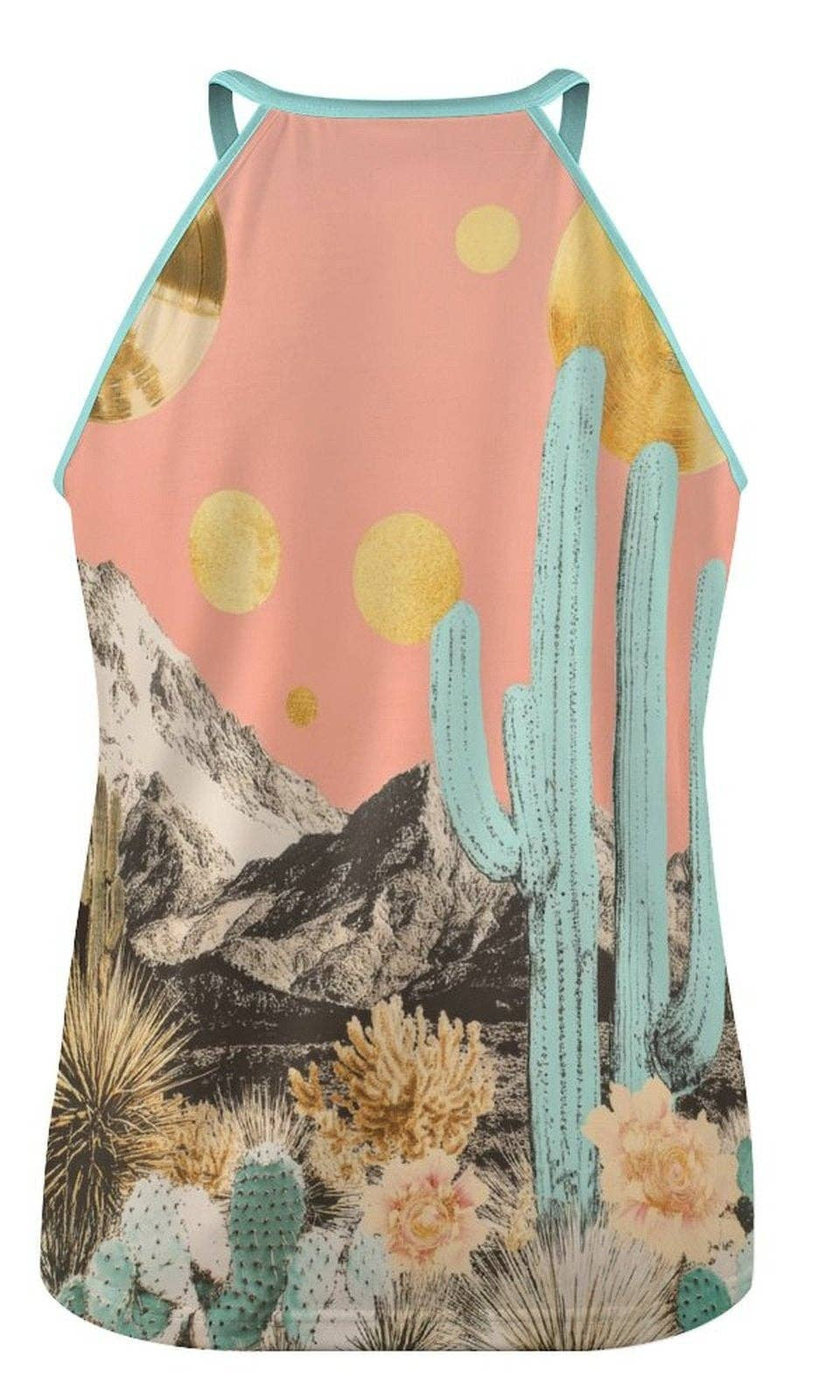 Tank top with desert landscape design featuring cacti and mountains on a white background