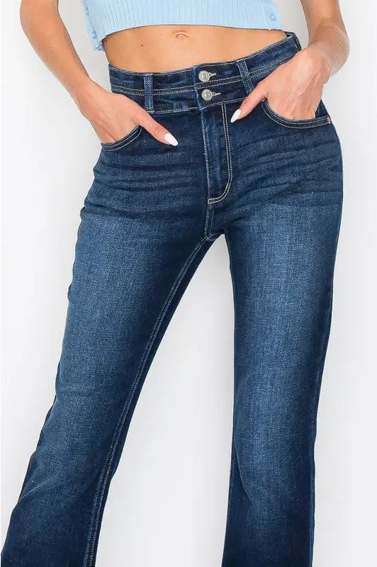 Aria Tummy Control High Rise Bootcut Jeans double button at waist bang