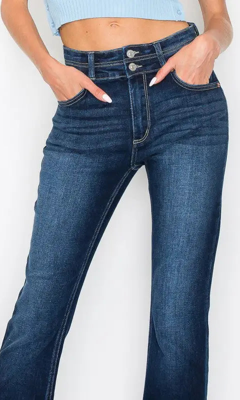 Aria Tummy Control High Rise Bootcut Jeans double button at waist bang