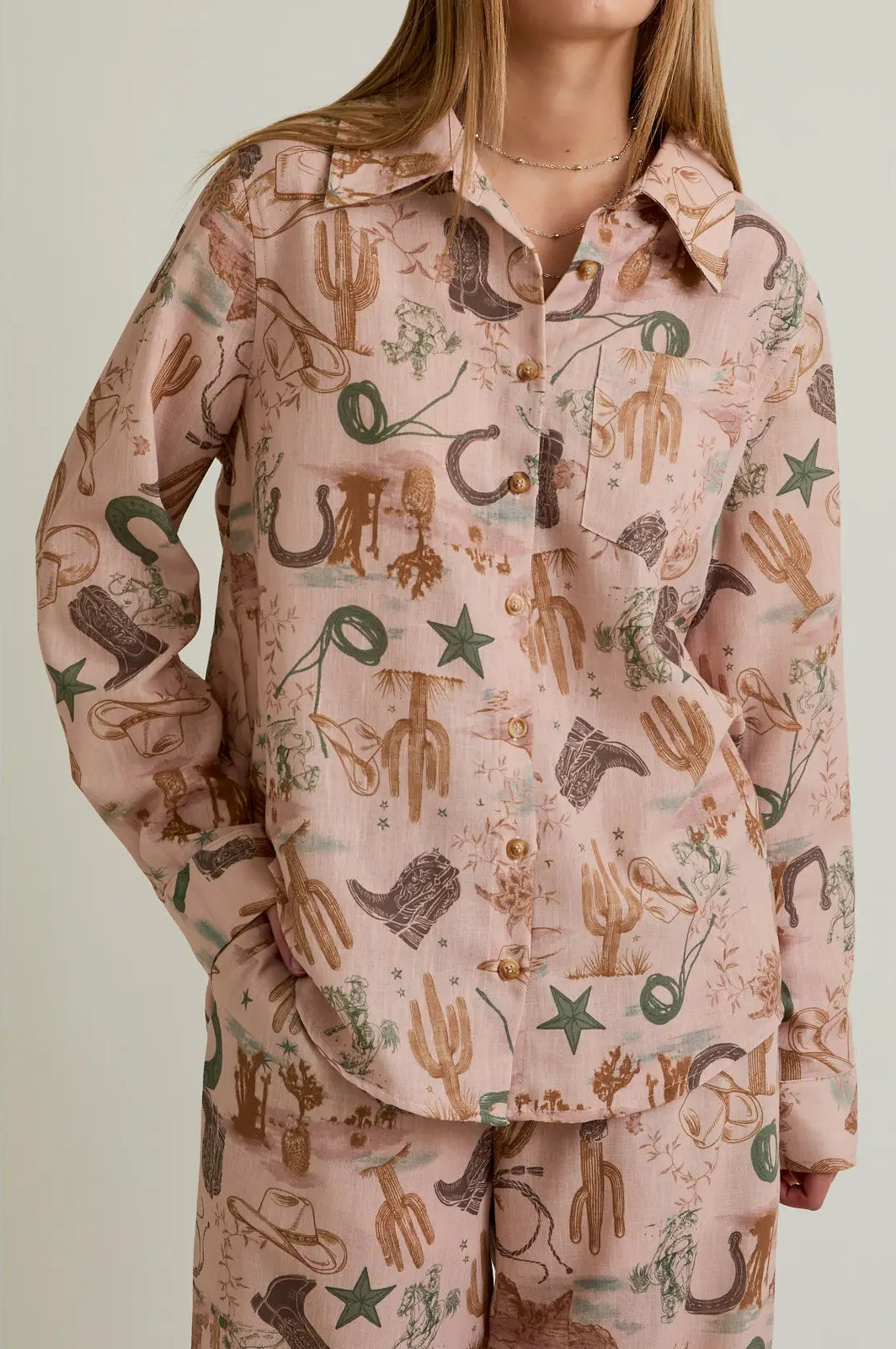 Desert Rose Western-print button-up blouse in blush—front view
