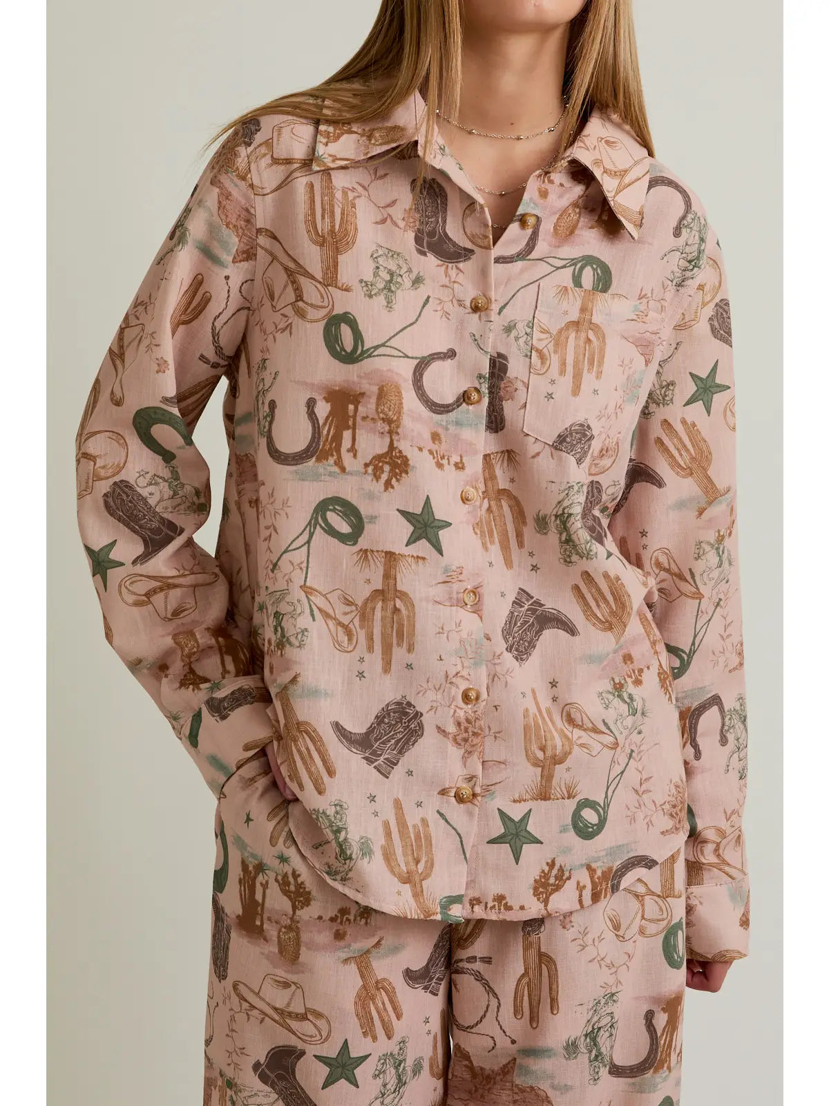 Desert Rose Western-print button-up blouse in blush—front view