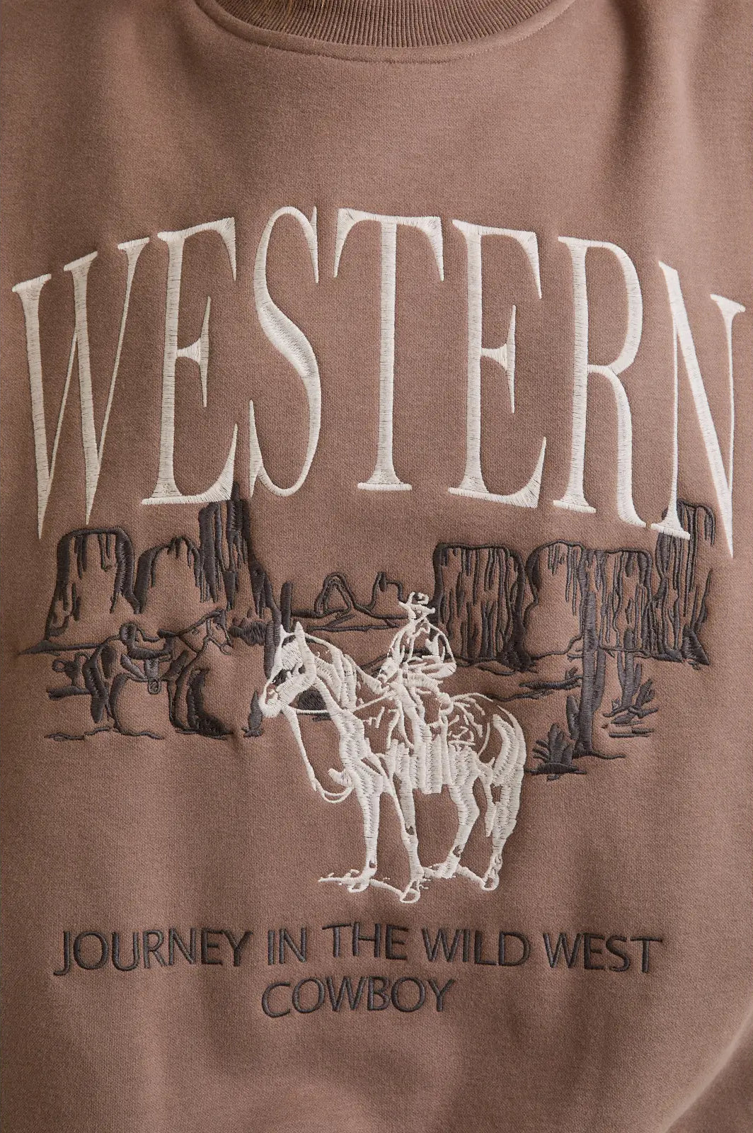 Close-up of WESTERN lettering and cowboy desert scene embroidery