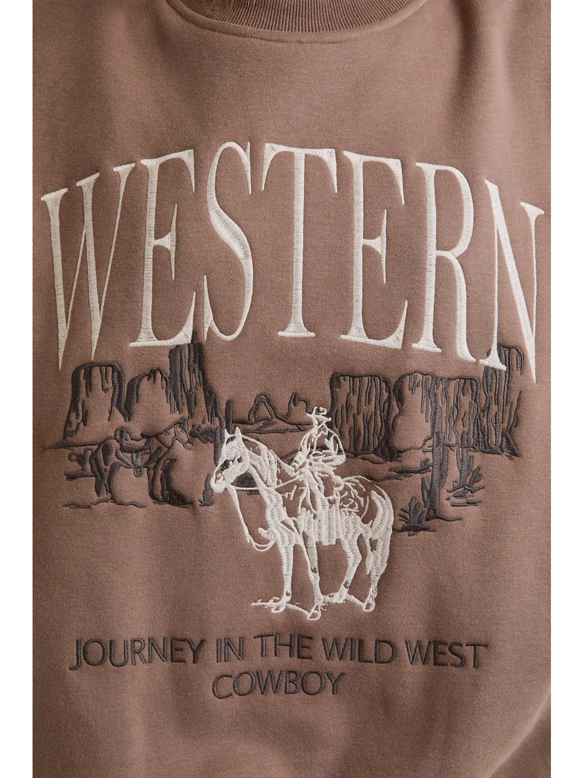 Close-up of WESTERN lettering and cowboy desert scene embroidery