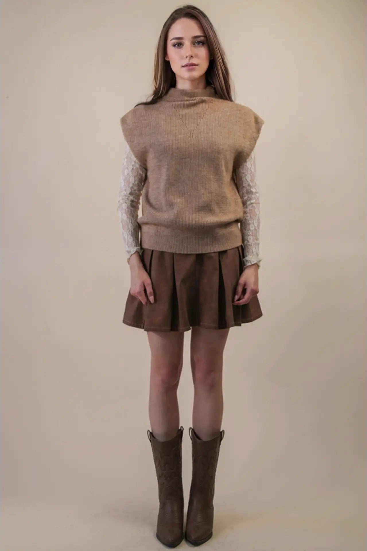 Calistoga mocha mock-neck sweater vest—front view