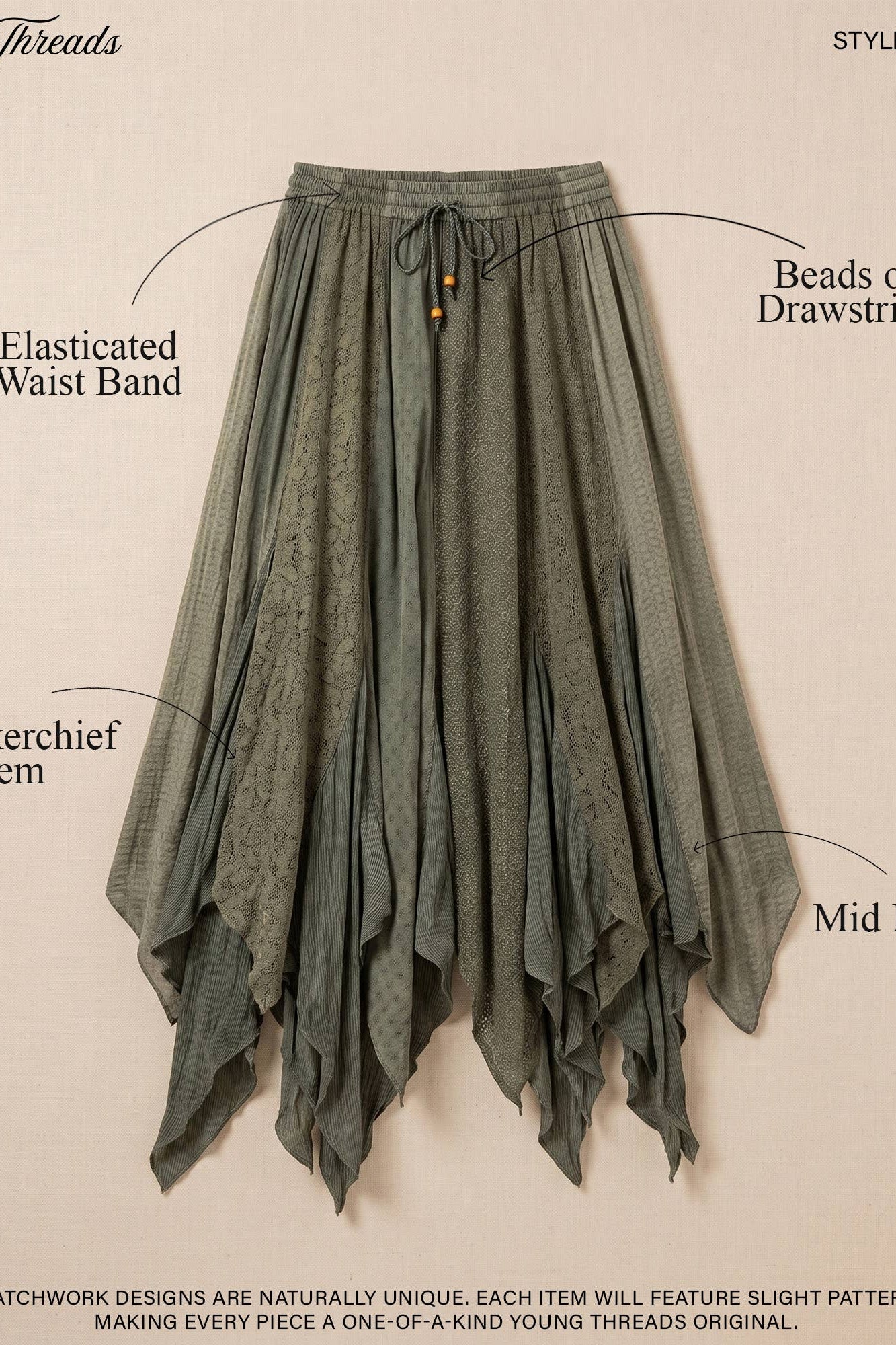 An olive green midi skirt with layered draped ruffles, a drawstring waist with beads, and a handkerchief hem, shown with text callouts on a beige background.
