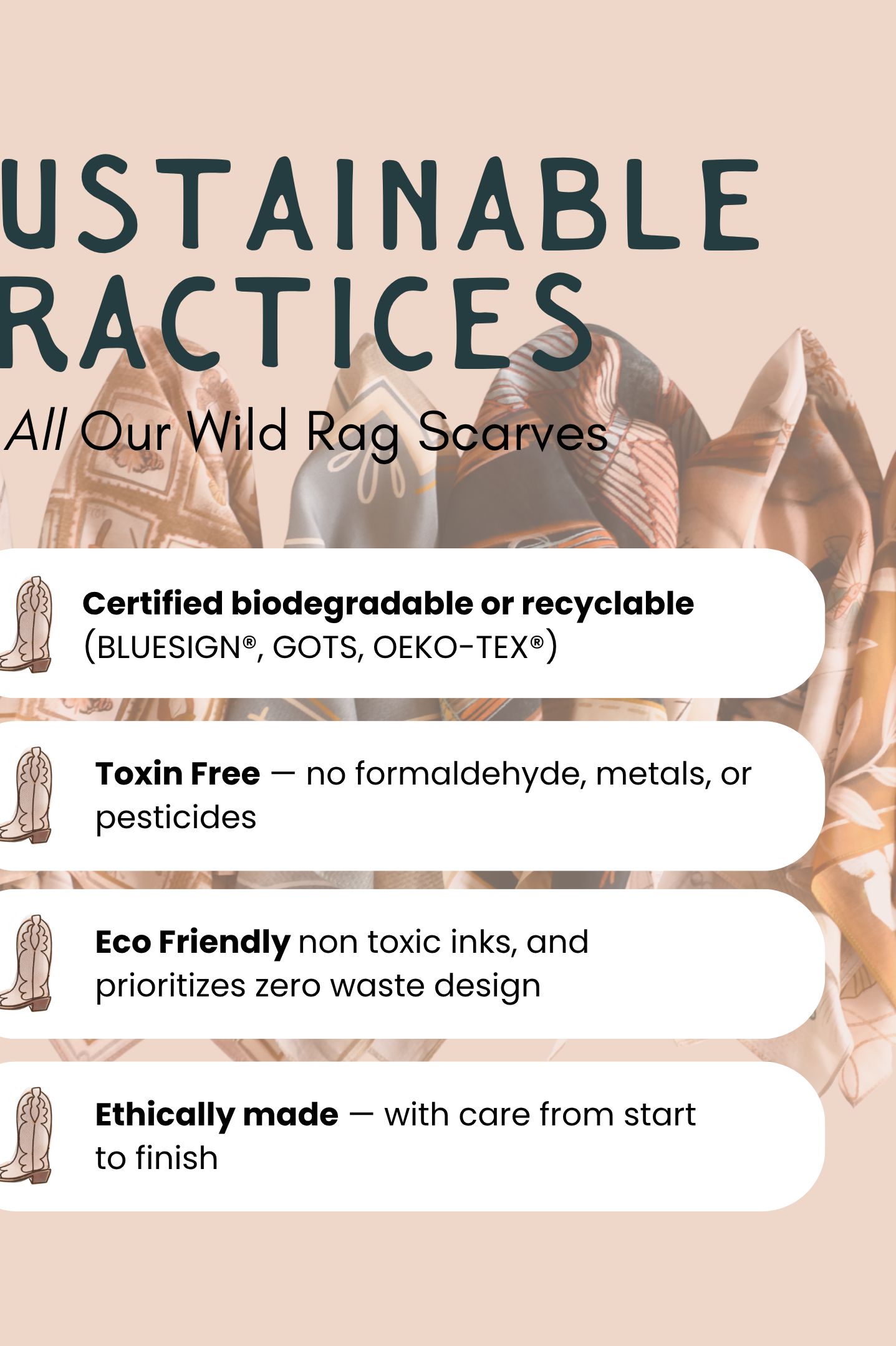 Promotional graphic for sustainable practices of wild rag scarves with text and scarves on a beige background.