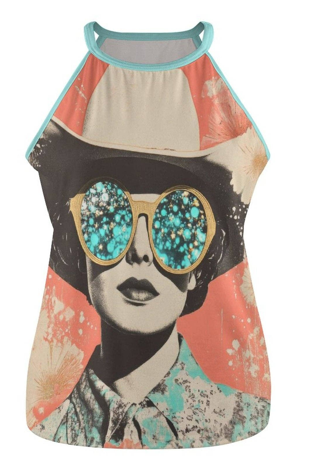 Tank top with a graphic design of a person wearing sunglasses on a white background