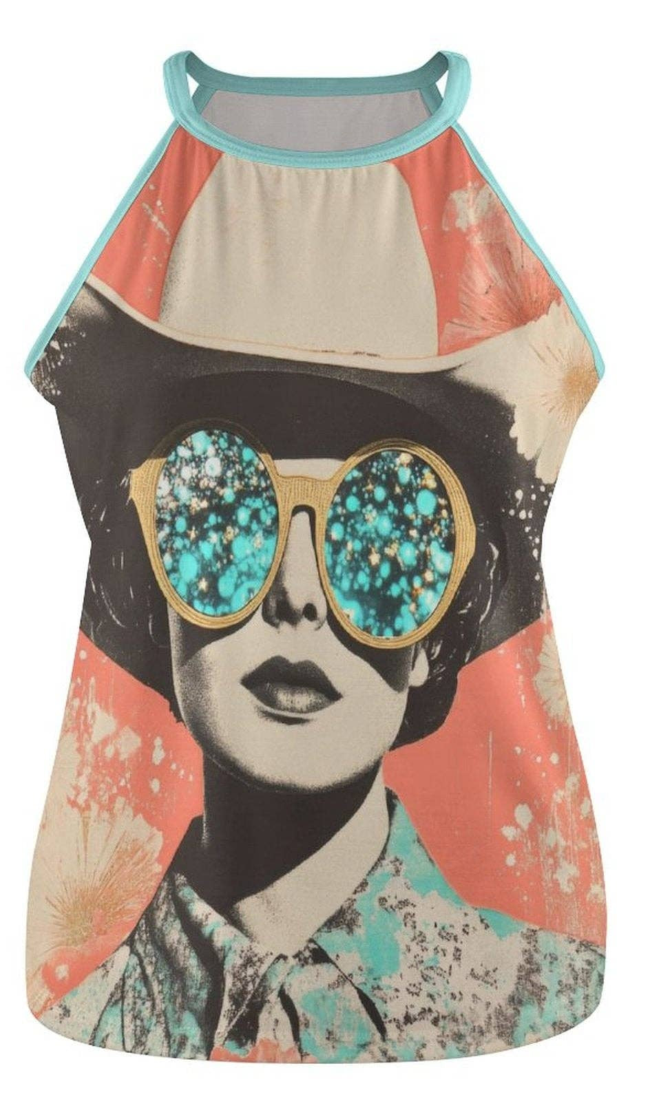 Tank top with a graphic design of a person wearing sunglasses on a white background