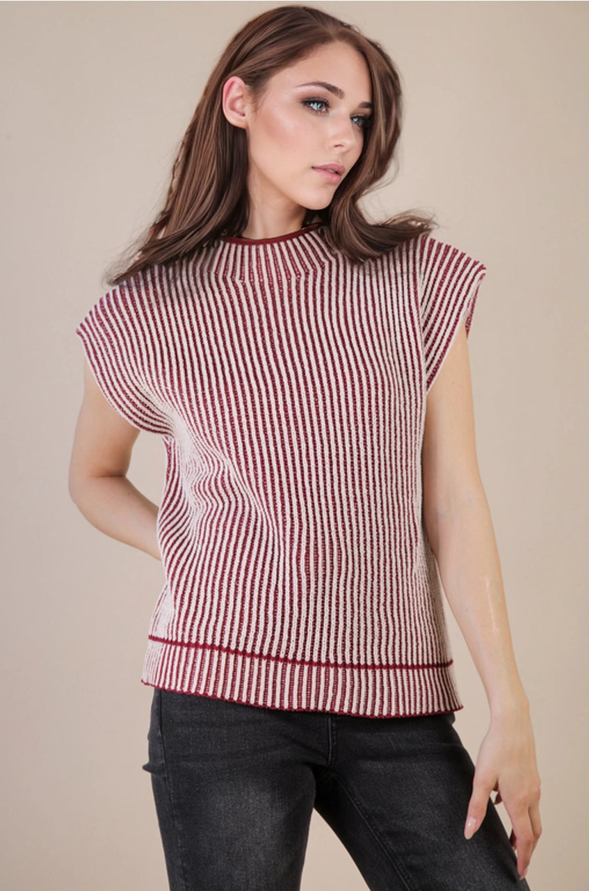 Sonoma two-tone ribbed sweater vest in burgundy & cream—front view