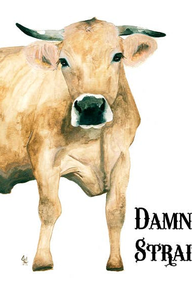 Cow with 'Damn Strait' text on a white tea towel