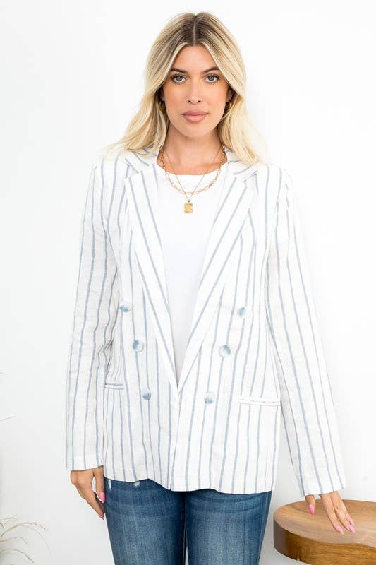 Lightweight striped linen-blend blazer featuring a notched lapel, button-front closure, long sleeves, and welt pockets in a relaxed tailored silhouette.