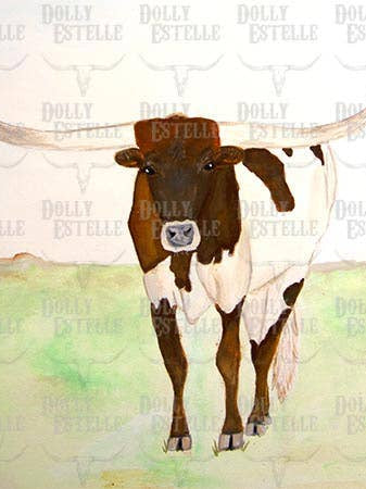 Painting of a longhorn cow with a watercolor landscape on a white tea towel.