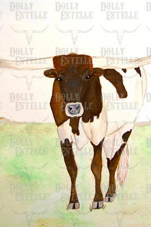 Painting of a longhorn cow with a watercolor landscape on a white tea towel.