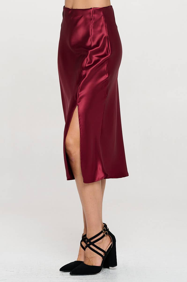 side view Burgundy satin skirt with a front slit, elastic waist.