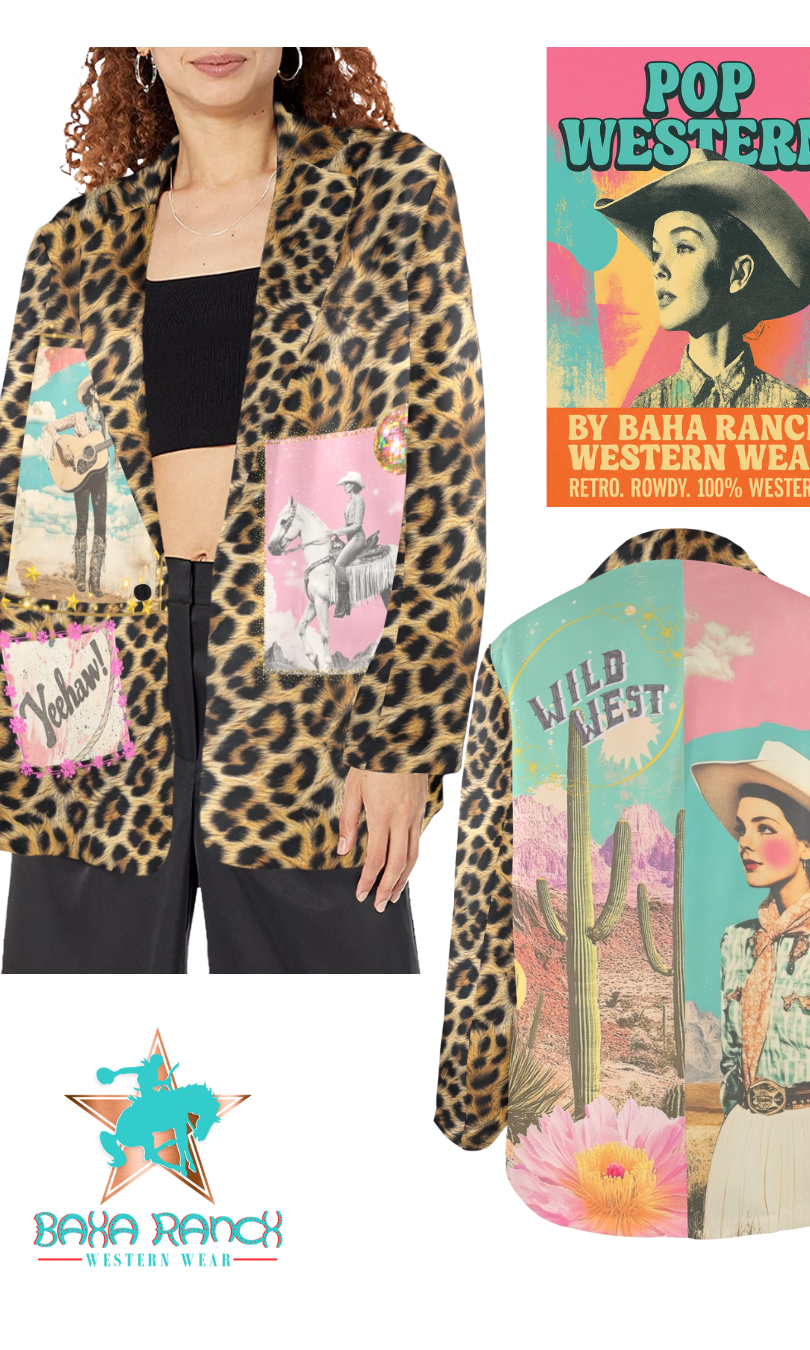 Leopard print jacket with graphic designs and a 'Pop Western' book cover.