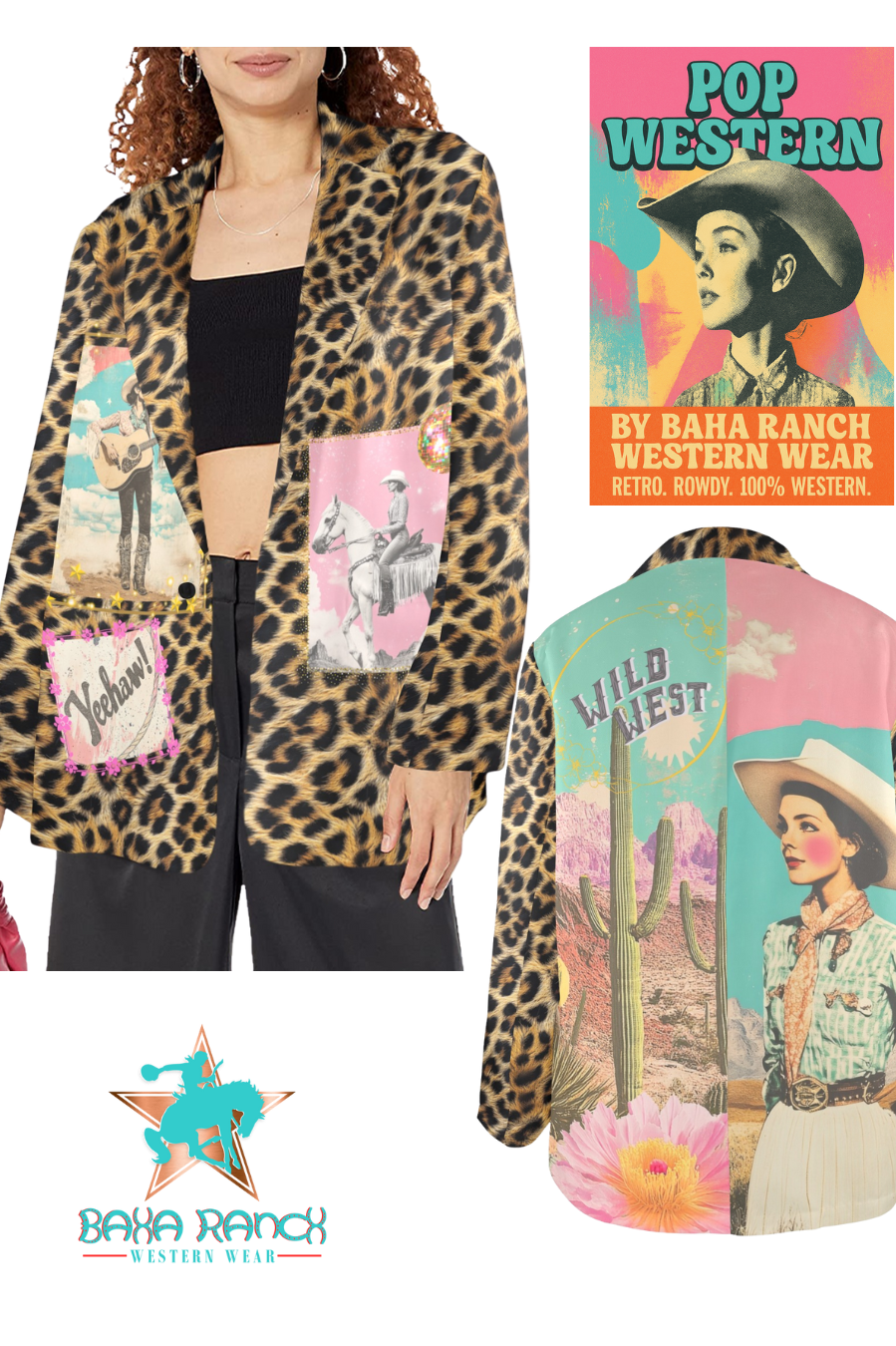 Leopard print jacket with graphic designs and a 'Pop Western' book cover.