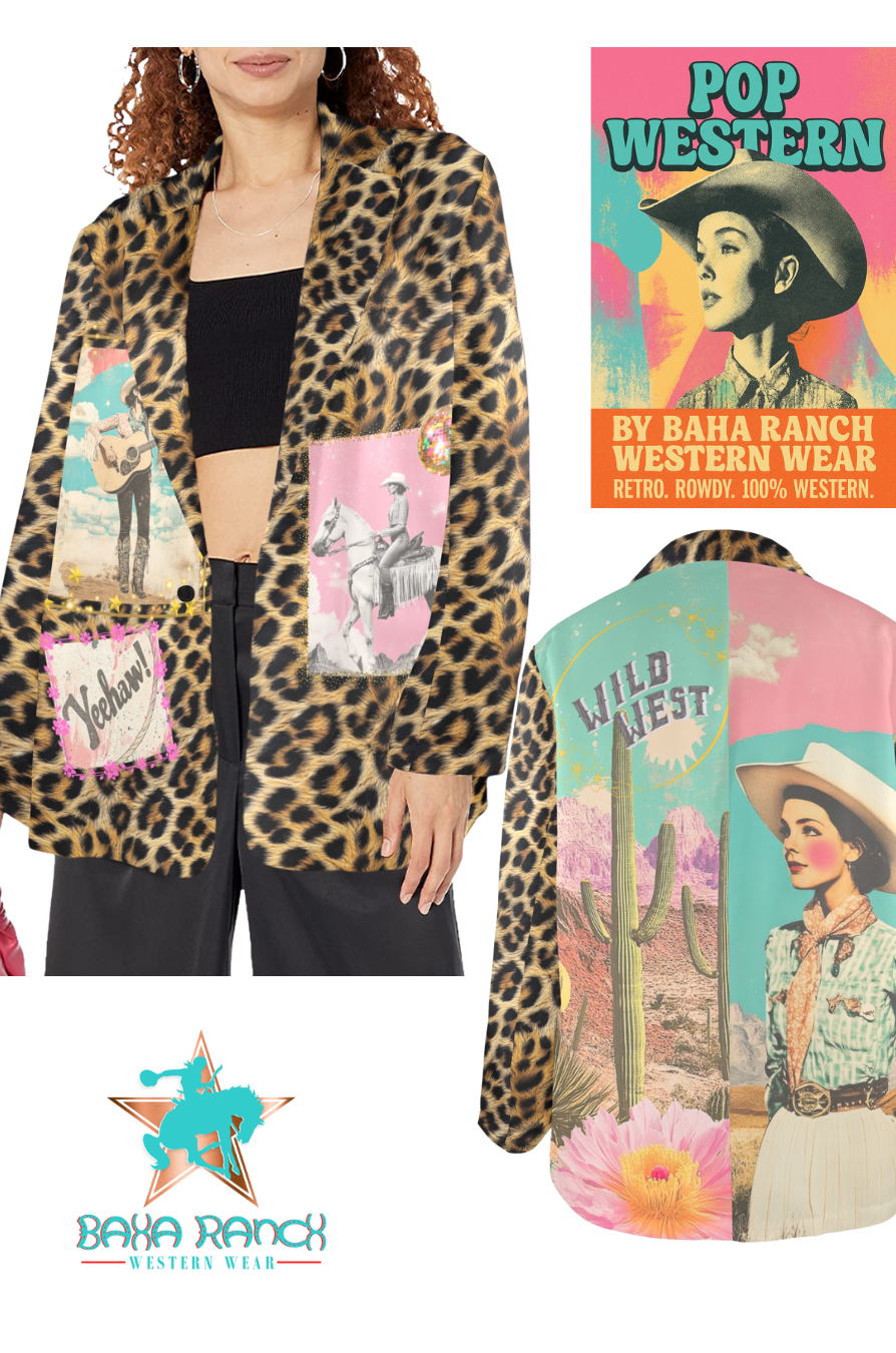 Leopard print jacket with graphic designs and a 'Pop Western' book cover.