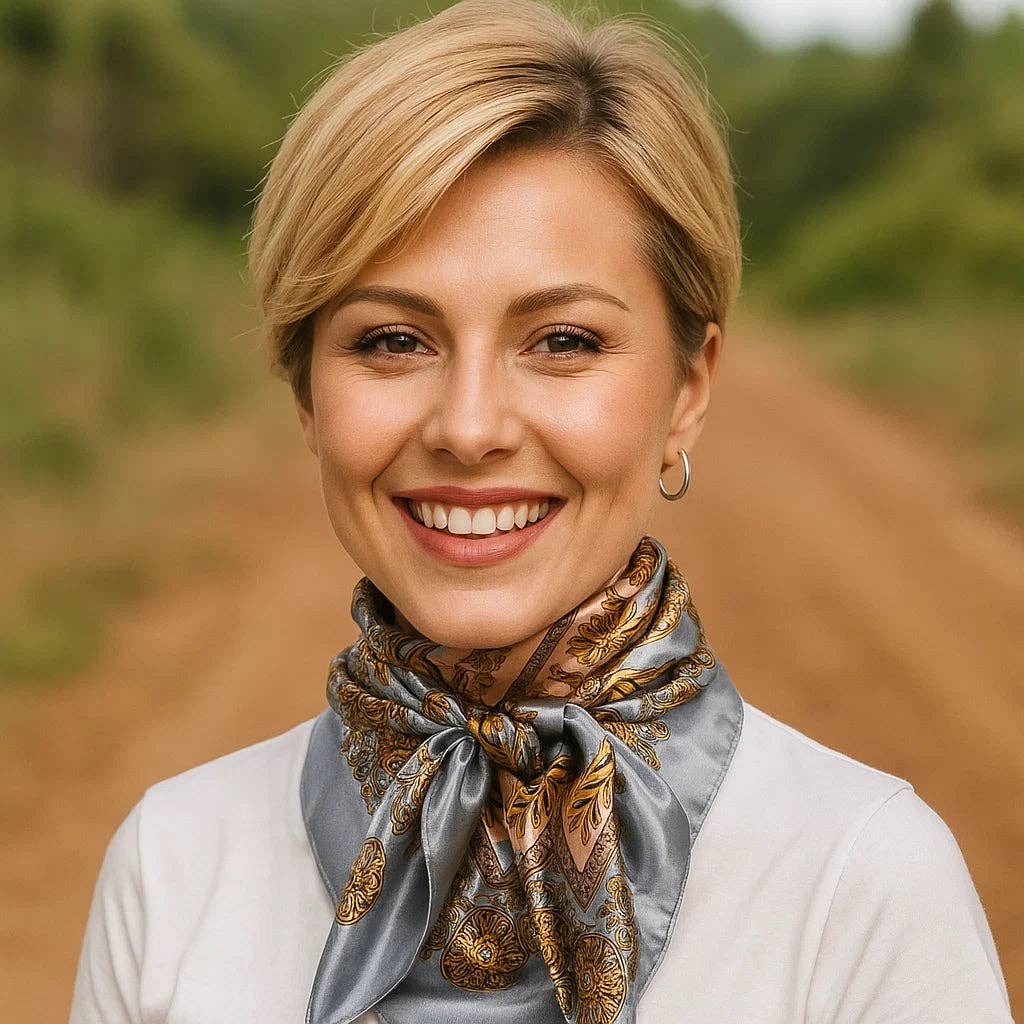 Woman wearing a light blue and gold patterned scarf with a blurred natural background