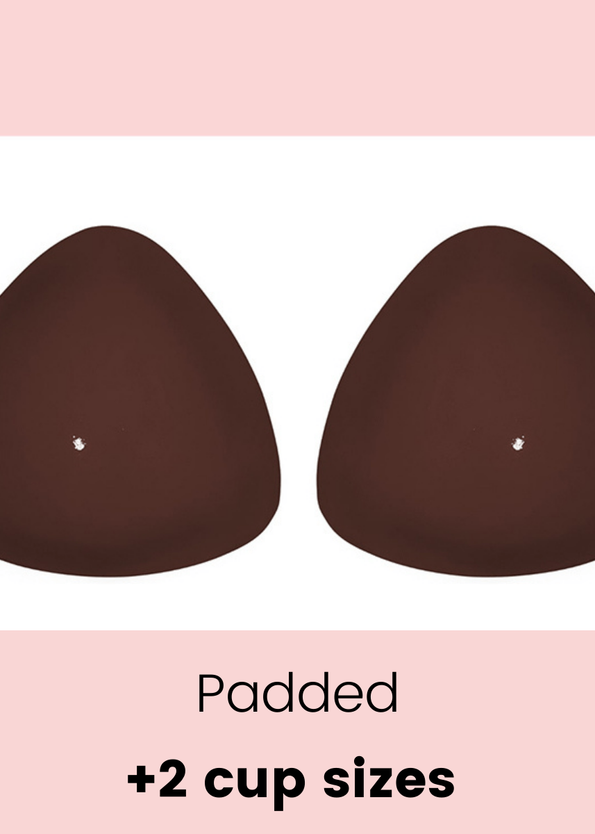 Brown padded bra cups on a pink and white background with text indicating additional cup sizes.