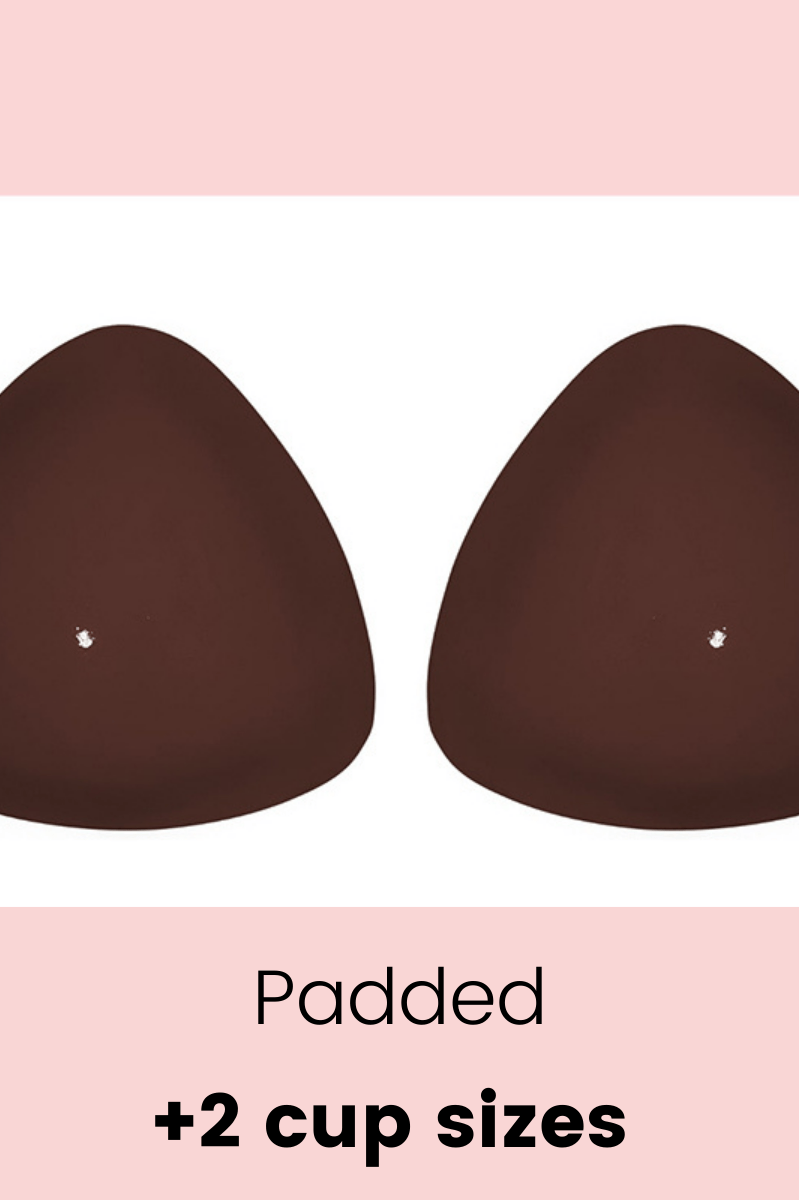 Brown padded bra cups on a pink and white background with text indicating additional cup sizes.